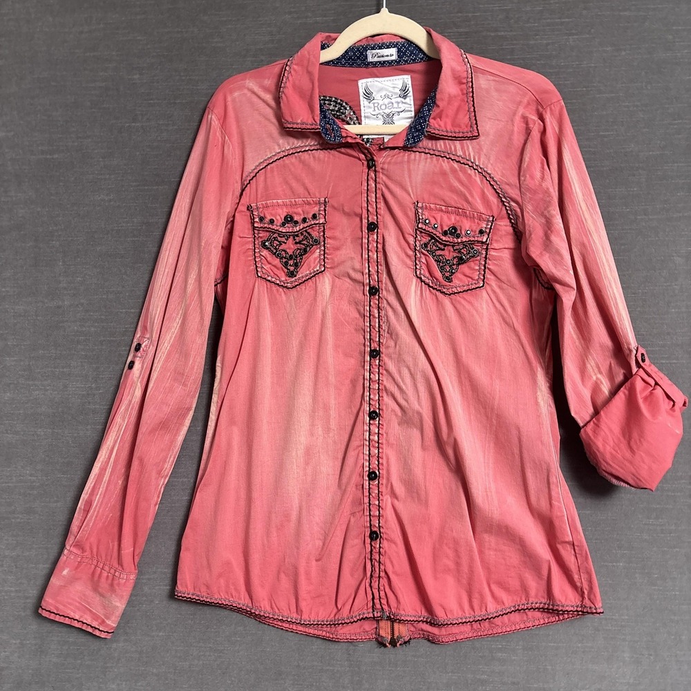 Roar Top L Pink Embroidered‎ Rhinestone Western Button Snap Roll Tab Studded